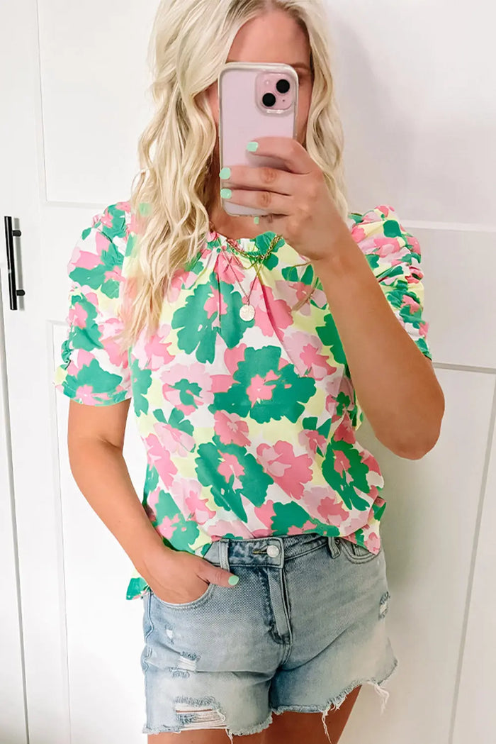 Green Abstract Print Frilly Neck Ruched Short Sleeve Blouse - Tops/Blouses & Shirts