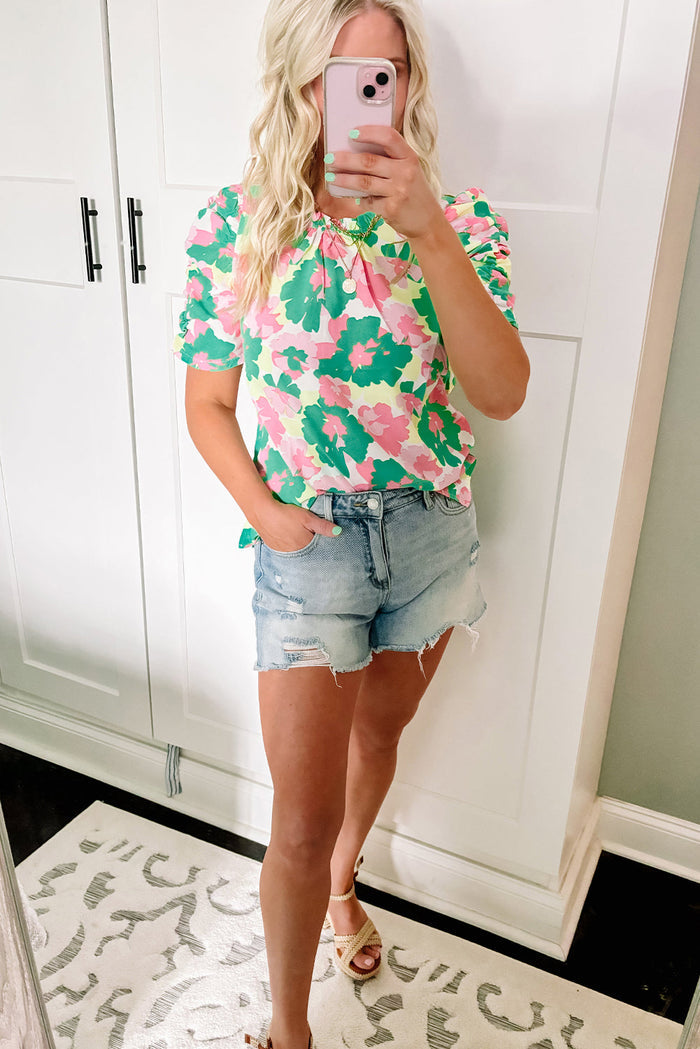 Green Abstract Print Frilly Neck Ruched Short Sleeve Blouse - Tops/Blouses & Shirts