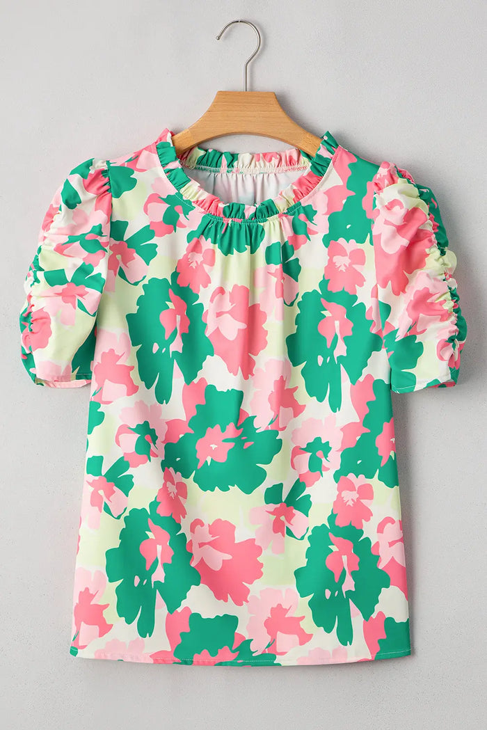 Green Abstract Print Frilly Neck Ruched Short Sleeve Blouse - Tops/Blouses & Shirts