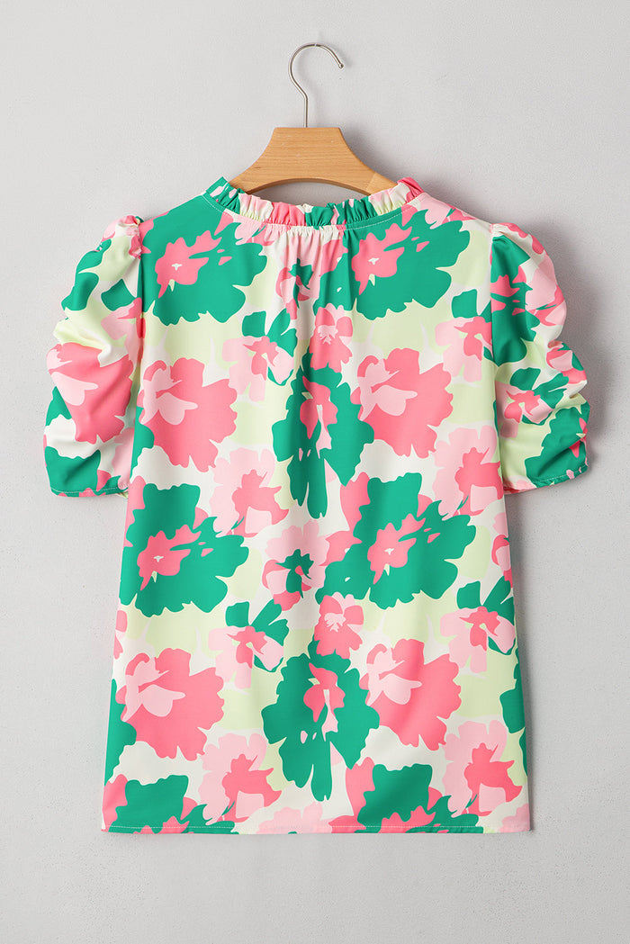 Green Abstract Print Frilly Neck Ruched Short Sleeve Blouse - Tops/Blouses & Shirts