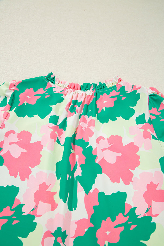 Green Abstract Print Frilly Neck Ruched Short Sleeve Blouse - Tops/Blouses & Shirts