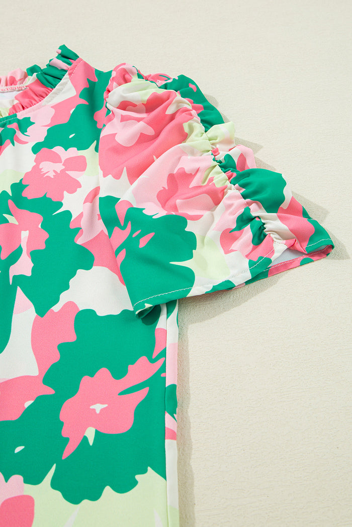 Green Abstract Print Frilly Neck Ruched Short Sleeve Blouse - Tops/Blouses & Shirts