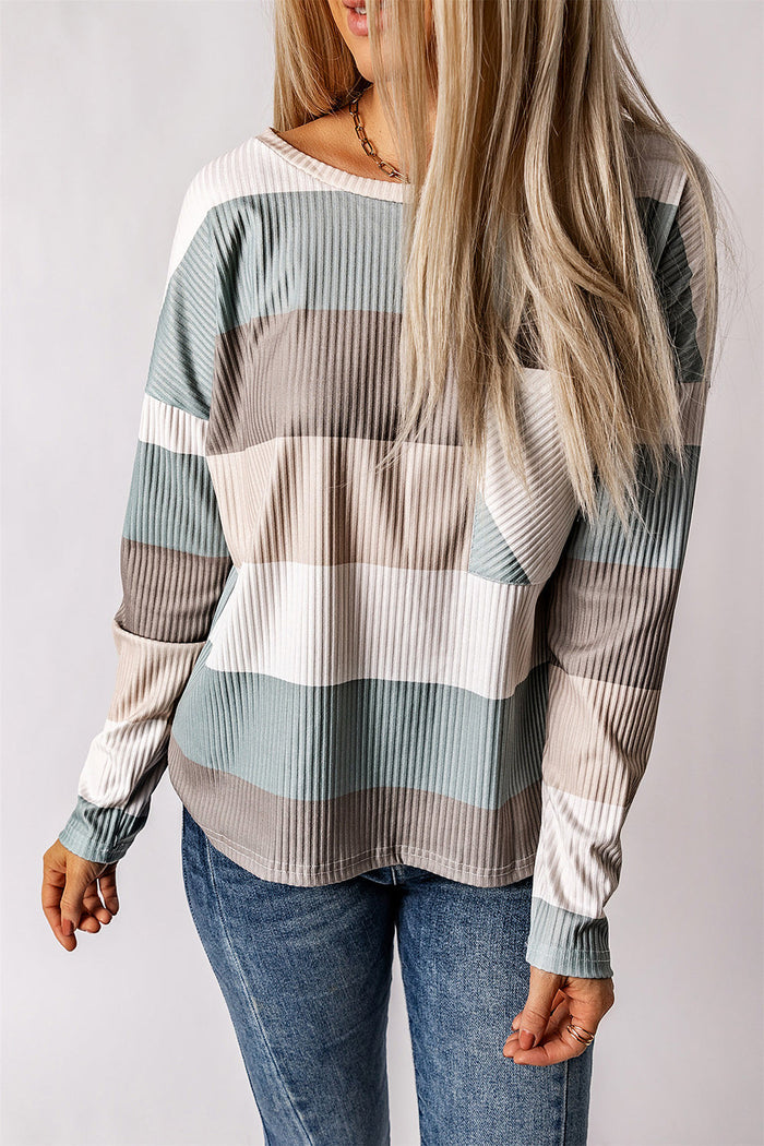 Green Colour Block Ribbed Long Sleeve Top with Pocket - GREEN / S / 95% POLYESTER + 5% ELASTANE - Tops/Long Tops