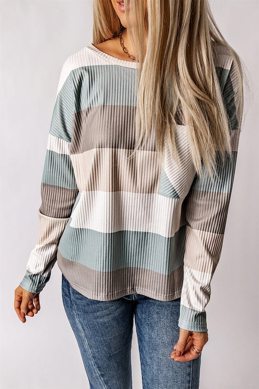 Green Colour Block Ribbed Long Sleeve Top with Pocket - GREEN / S / 95% POLYESTER + 5% ELASTANE - Tops/Long Tops