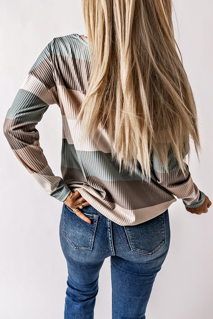 Green Colour Block Ribbed Long Sleeve Top with Pocket - Tops/Long Tops