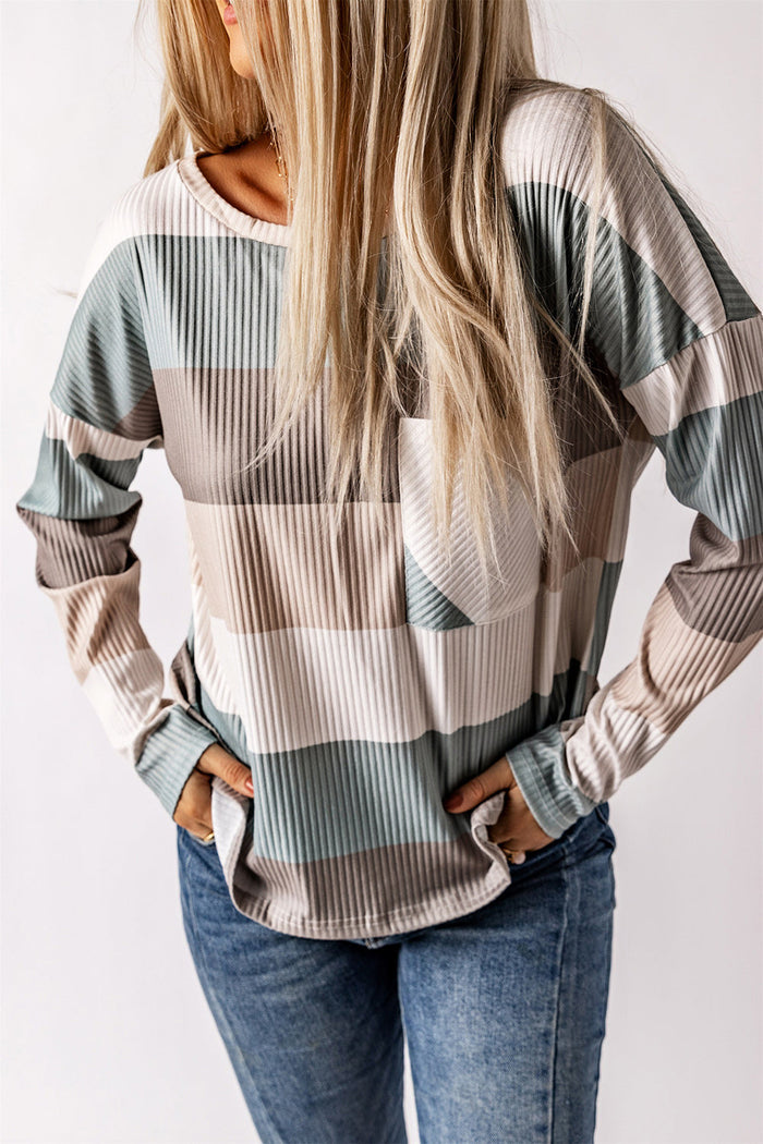 Green Colour Block Ribbed Long Sleeve Top with Pocket - Tops/Long Tops