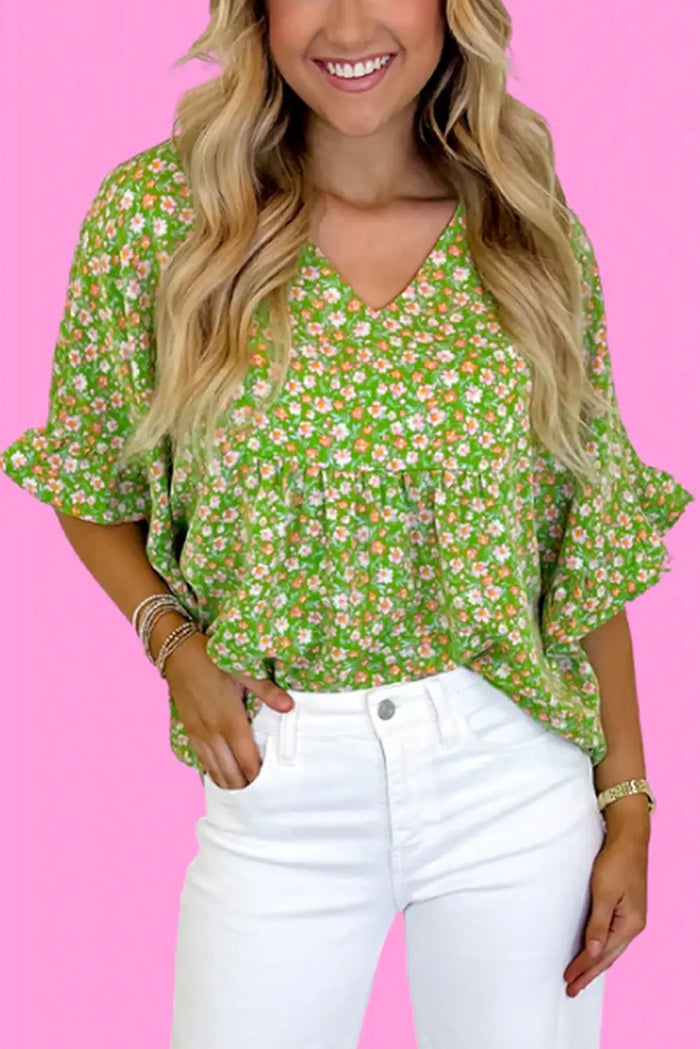 Green Floral Print Ruffle Sleeve V Neck Blouse Top - S / 100% Viscose - Tops/Blouses & Shirts