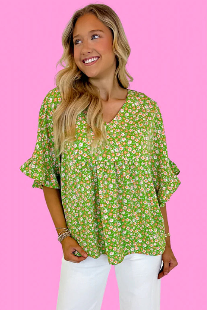 Green Floral Print Ruffle Sleeve V Neck Blouse Top - Tops/Blouses & Shirts