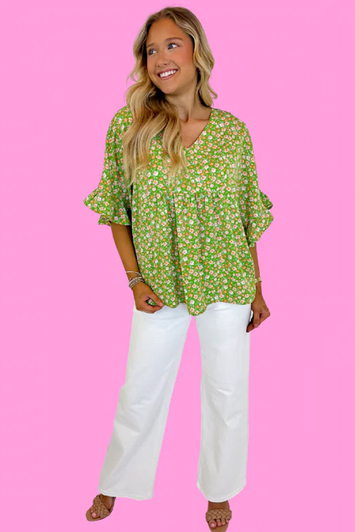 Green Floral Print Ruffle Sleeve V Neck Blouse Top - Tops/Blouses & Shirts