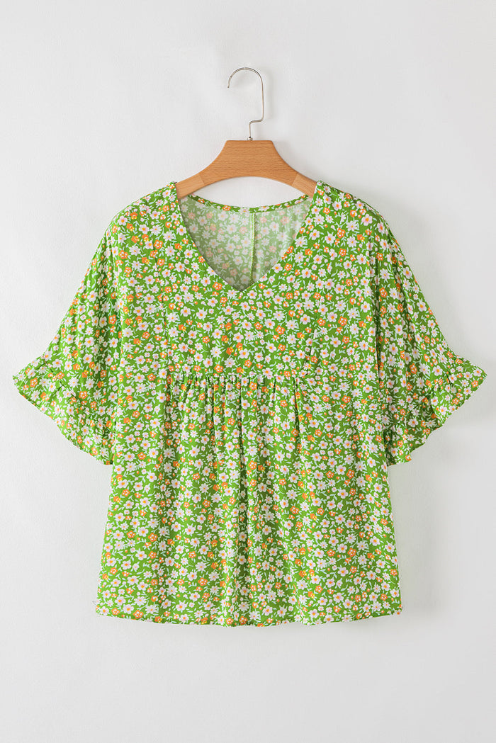 Green Floral Print Ruffle Sleeve V Neck Blouse Top - Tops/Blouses & Shirts