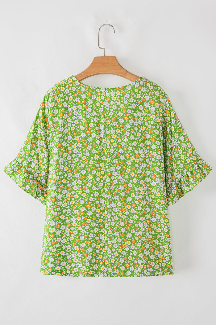 Green Floral Print Ruffle Sleeve V Neck Blouse Top - Tops/Blouses & Shirts
