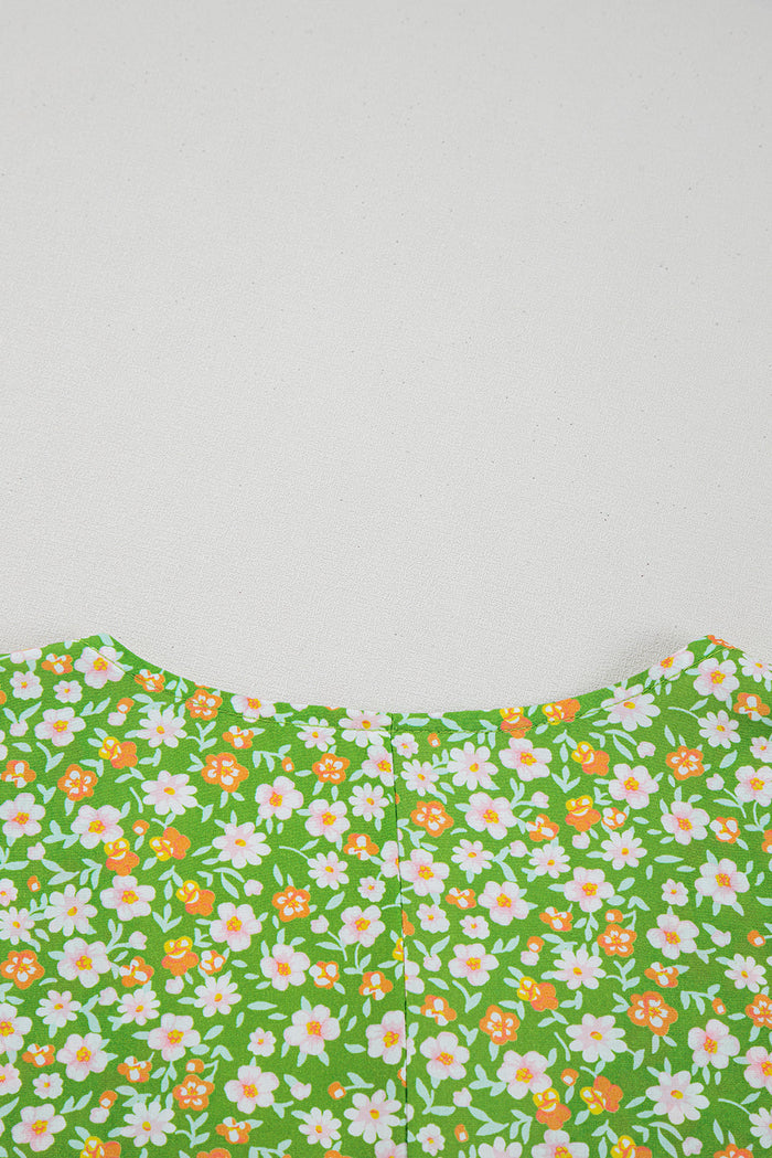 Green Floral Print Ruffle Sleeve V Neck Blouse Top - Tops/Blouses & Shirts