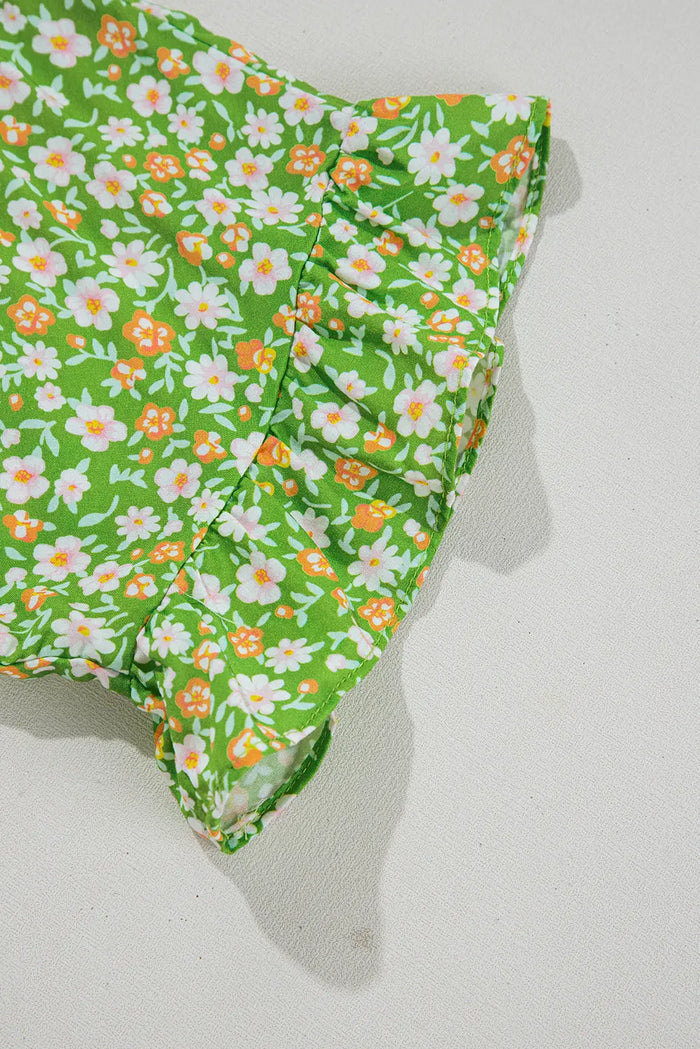 Green Floral Print Ruffle Sleeve V Neck Blouse Top - Tops/Blouses & Shirts