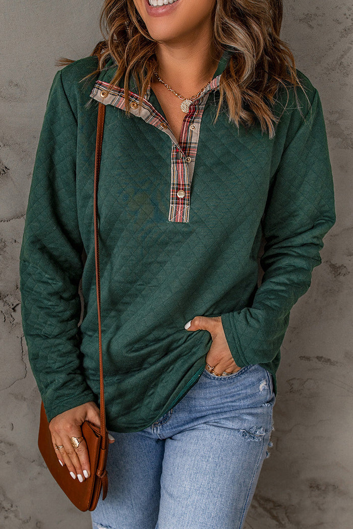 Green Geometric Texture Plaid Trim Sweatshirt - GREEN / S / 95% POLYESTER + 5% ELASTANE - Tops/Sweatshirts & Hoodies