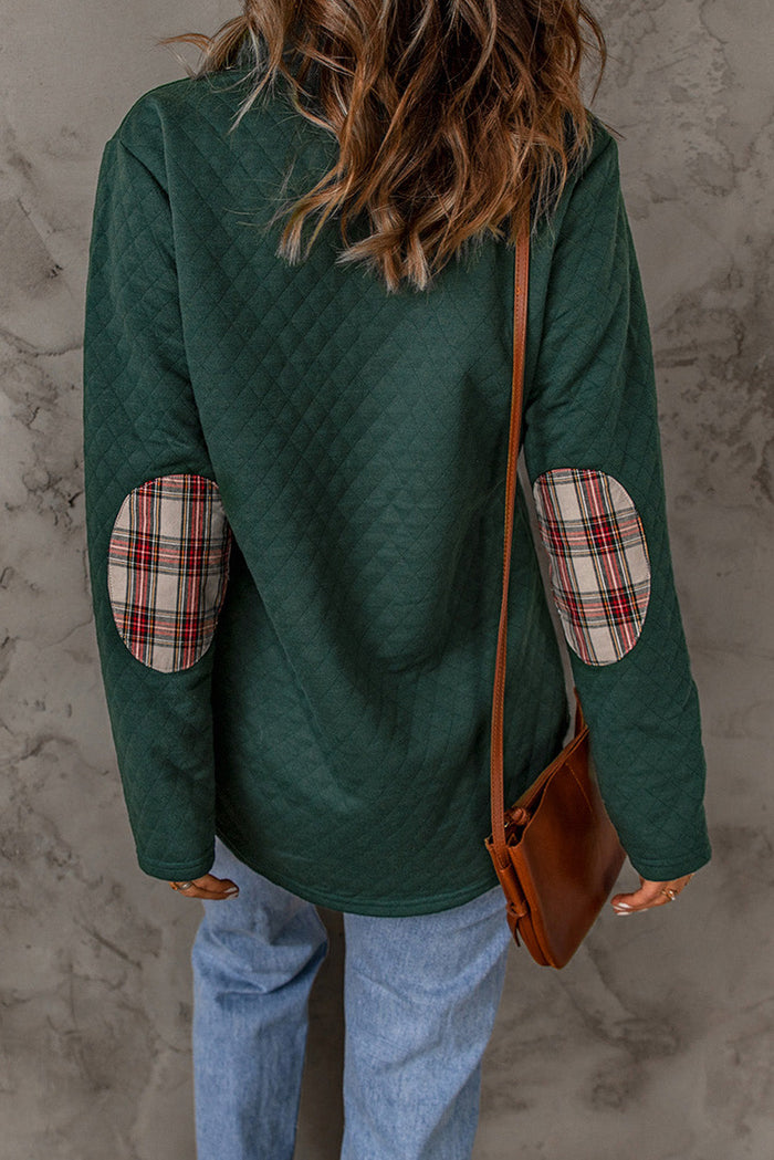 Green Geometric Texture Plaid Trim Sweatshirt - Tops/Sweatshirts & Hoodies