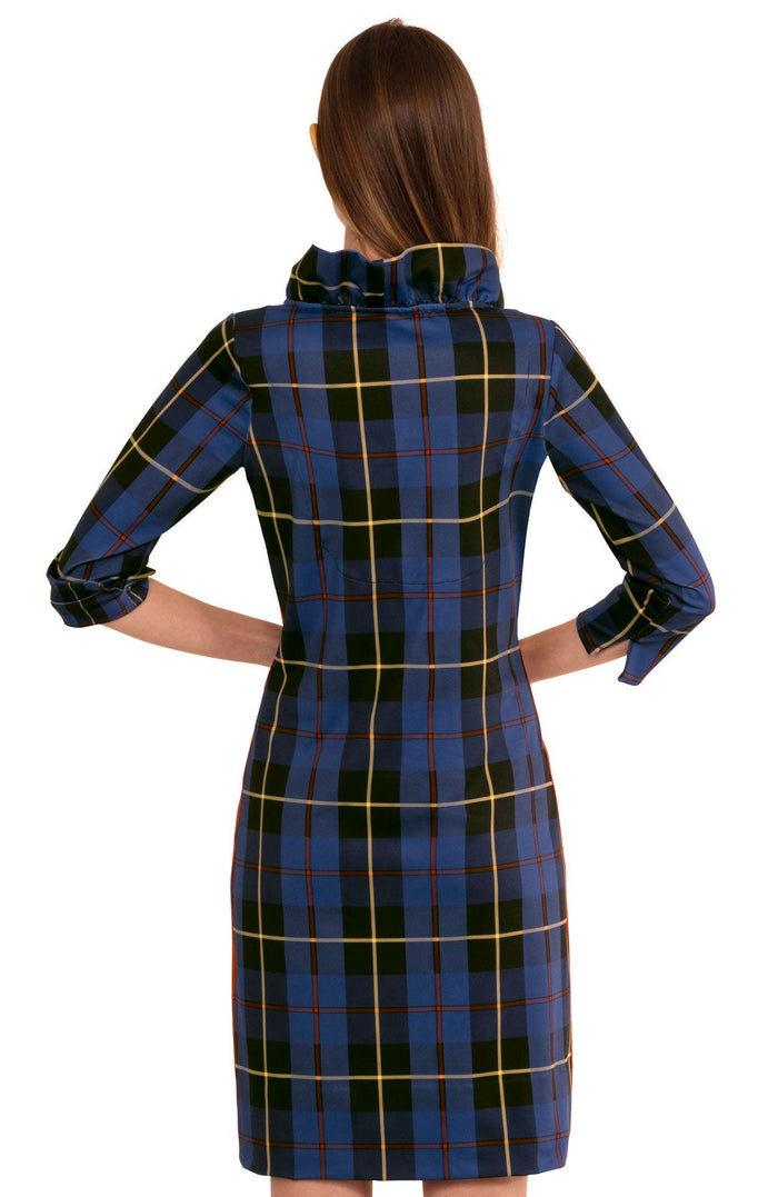 Back view of the Gretchen Scott Ruff Neck Dress - Plaidly Cooper - Navy Plaid*