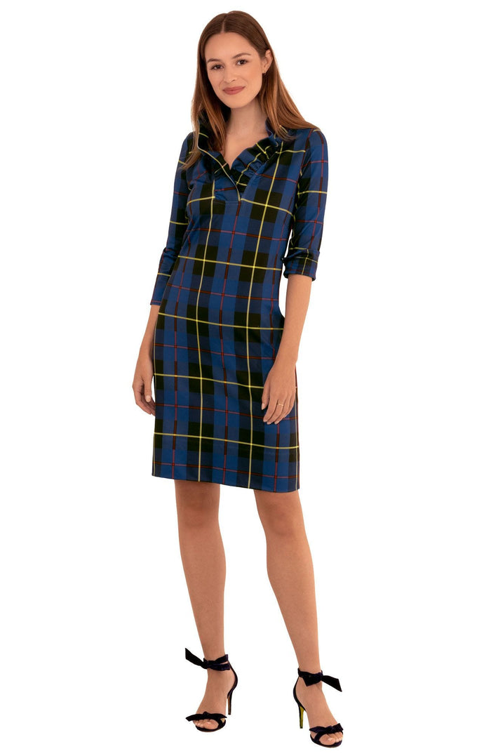 Full body view of the Gretchen Scott Ruff Neck Dress - Plaidly Cooper - Navy Plaid*