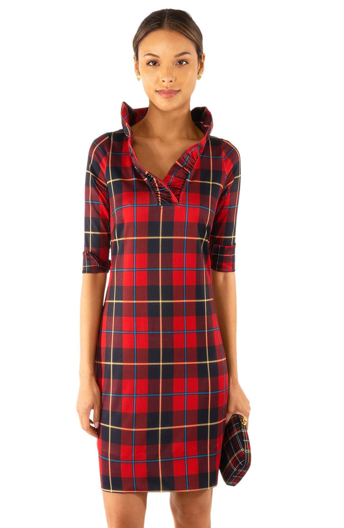 Front view of Gretchen Scott Ruff Neck Jersey Dress in Plaidly Cooper in red