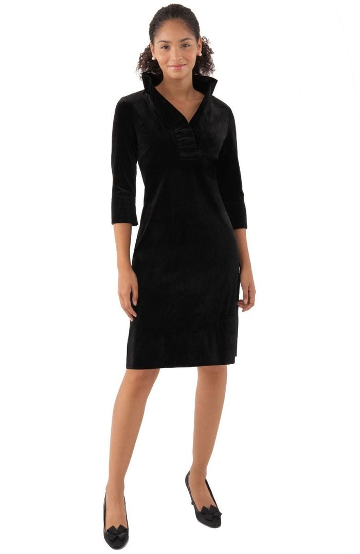 Full body front view of the Gretchen Scott Ruff Neck Dress - Silky Velvet - Black