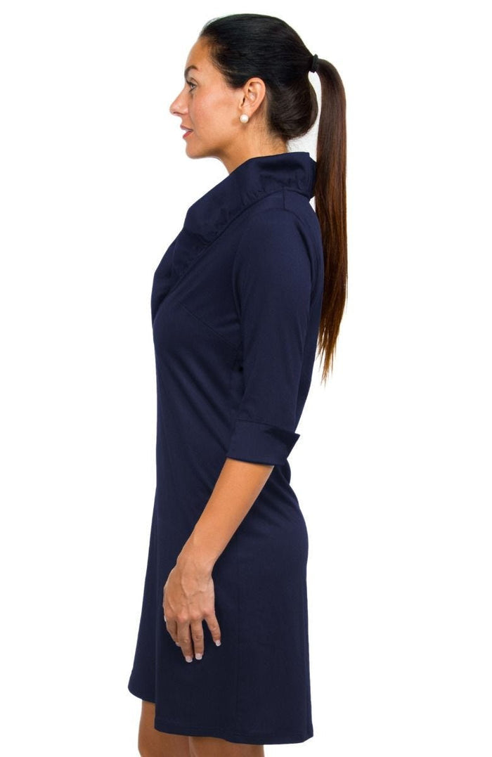 Side View of  Gretchen Scott Ruff Neck Jersey Dress in Navy