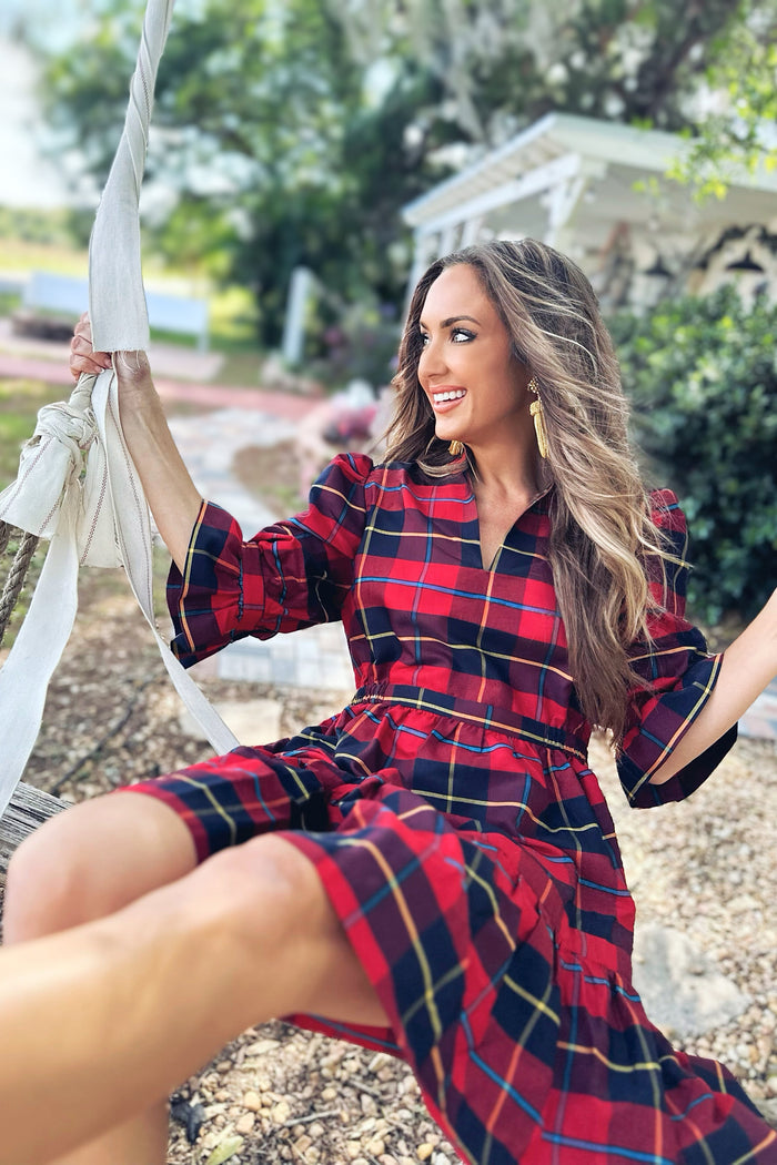 Outdoor model in the Gretchen Scott Teardrop Dress - Plaidly Cooper - Red Plaid