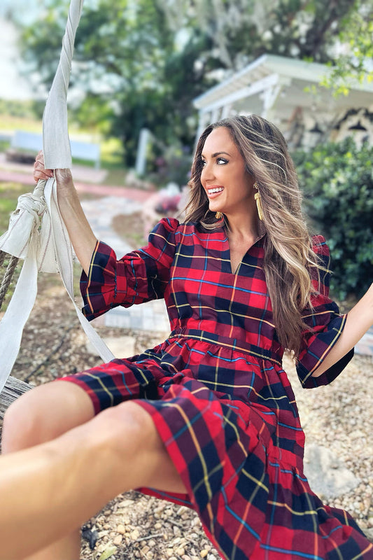 Outdoor model in the Gretchen Scott Teardrop Dress - Plaidly Cooper - Red Plaid
