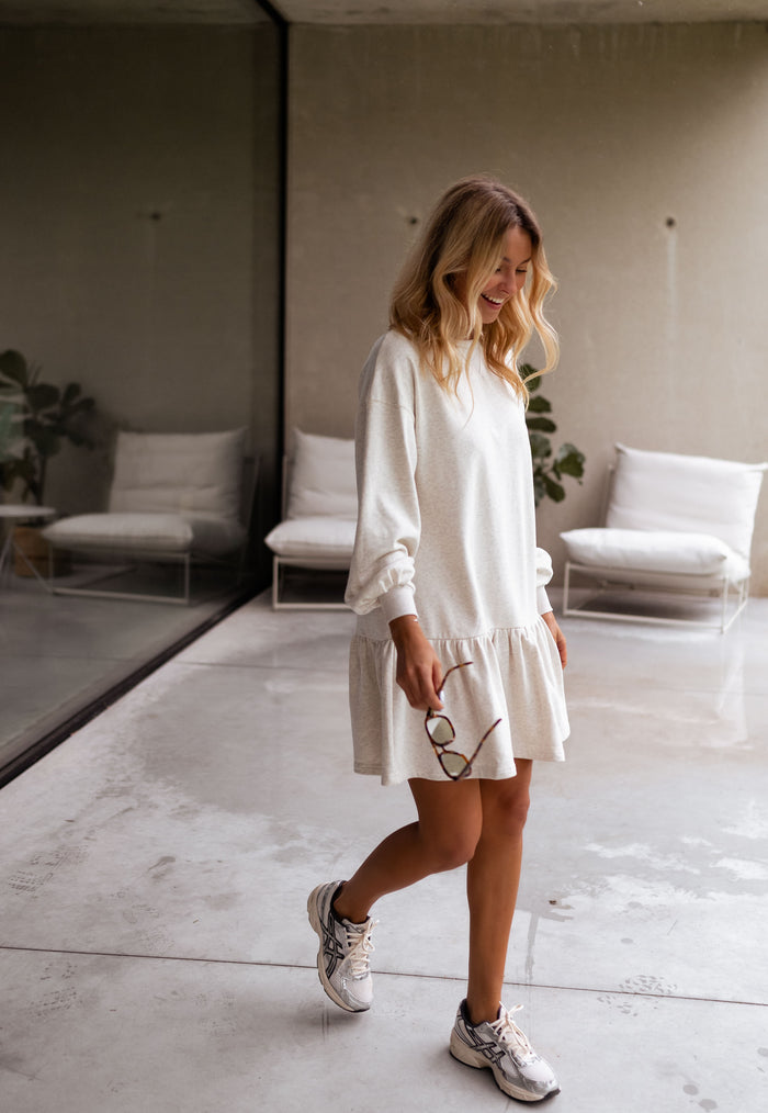Grey Bertina mini sweater dress styled
