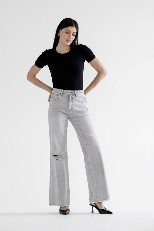 Style the Grey Mica Denim High Rise JWide Leg With Raw Hem Jeans exclusively at Born To Glam
