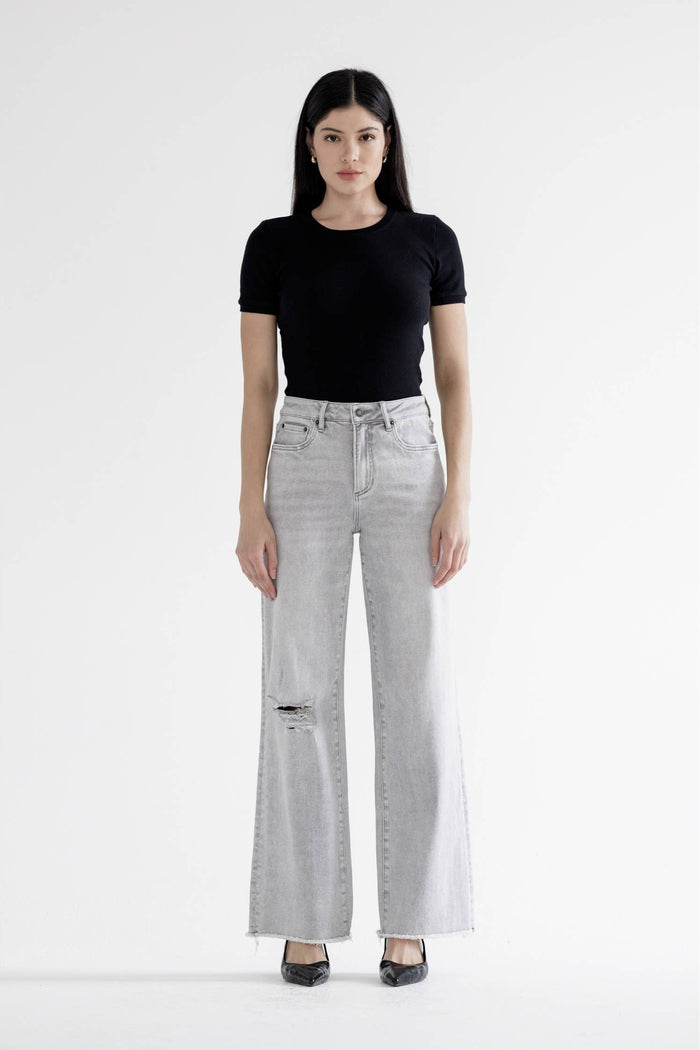 Style the Grey Mica Denim High Rise JWide Leg With Raw Hem Jeans exclusively at Born To Glam