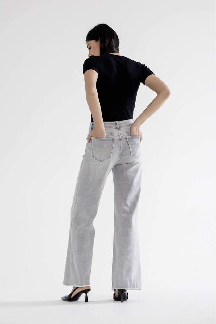 Style the Grey Mica Denim High Rise JWide Leg With Raw Hem Jeans exclusively at Born To Glam