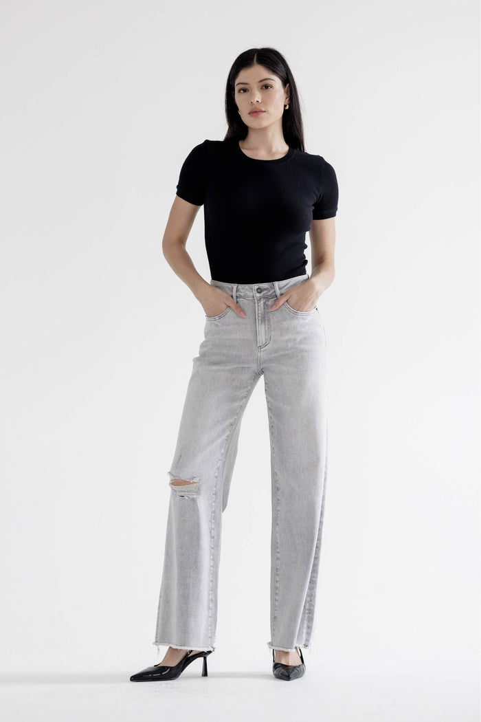 Style the Grey Mica Denim High Rise JWide Leg With Raw Hem Jeans exclusively at Born To Glam