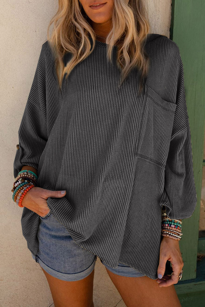 Grey Ribbed Roll-tab Sleeve Chest Pocket Oversize Top - GRAY-2 / S / 65% POLYESTER + 30% VISCOSE + 5% ELASTANE