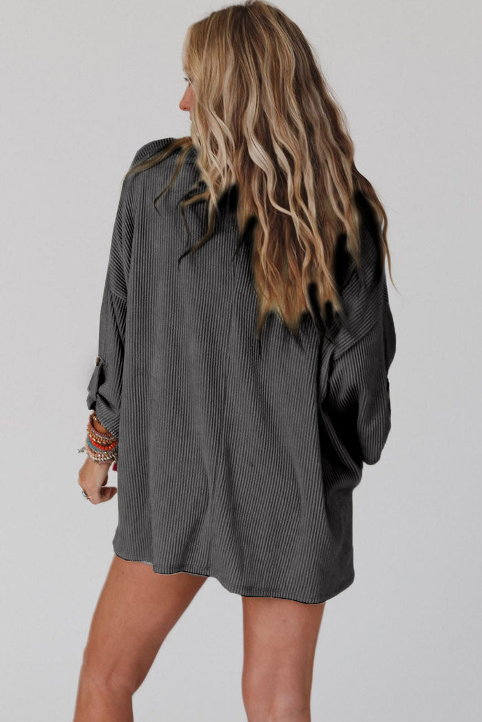 Grey Ribbed Roll-tab Sleeve Chest Pocket Oversize Top - Tops/Long Tops