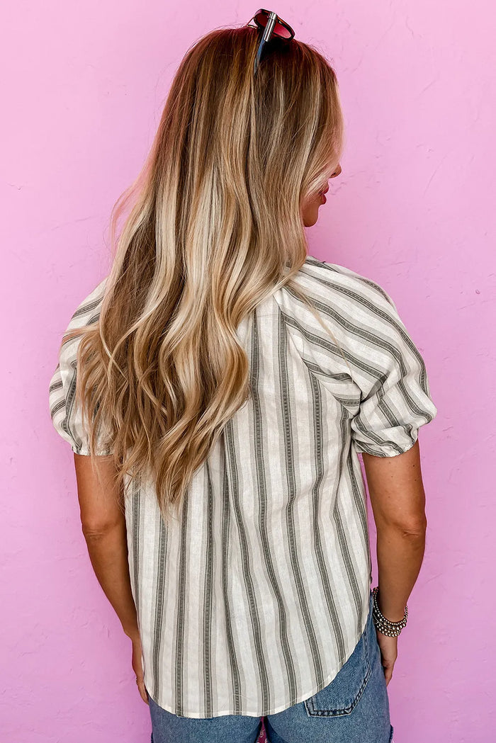Grey Stripe Frilled Tie Neck Short Sleeve Blouse - Tops/Blouses & Shirts