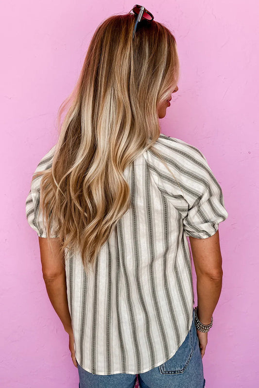 Grey Stripe Frilled Tie Neck Short Sleeve Blouse - Tops/Blouses & Shirts