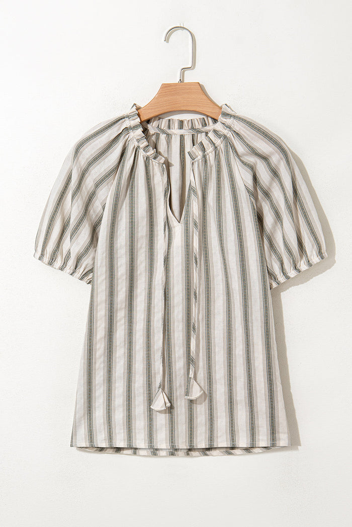 Grey Stripe Frilled Tie Neck Short Sleeve Blouse - Tops/Blouses & Shirts