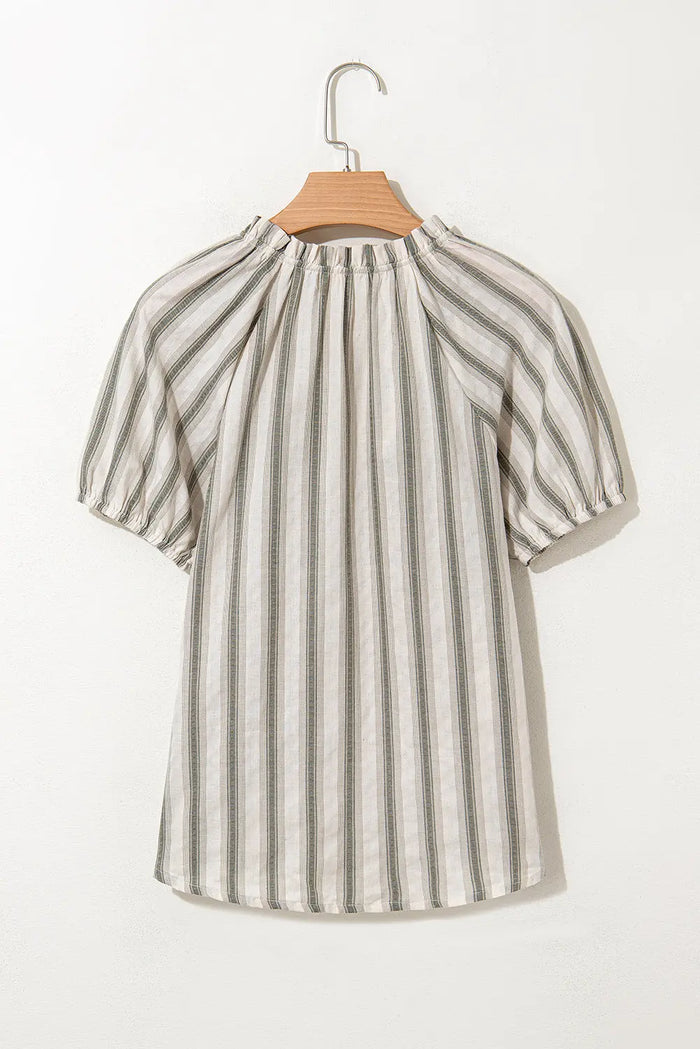 Grey Stripe Frilled Tie Neck Short Sleeve Blouse - Tops/Blouses & Shirts