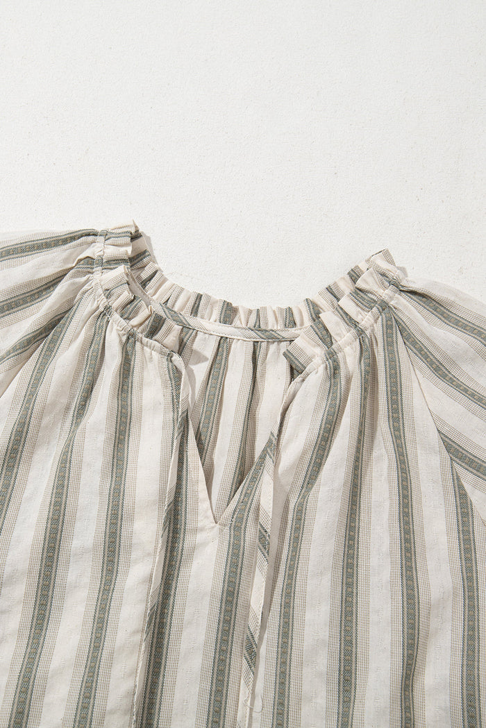 Grey Stripe Frilled Tie Neck Short Sleeve Blouse - Tops/Blouses & Shirts