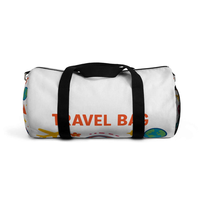 Polyester travel duffel bag with bold graphic design, multiple compartments, secure zipper closure, and useful carry options.