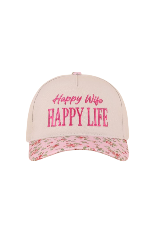"Happy Wife, Happy Life" Two-Tone Cap-Floral-Cute-Trendy-Shop-Womens-Boutique-Clothing-Store