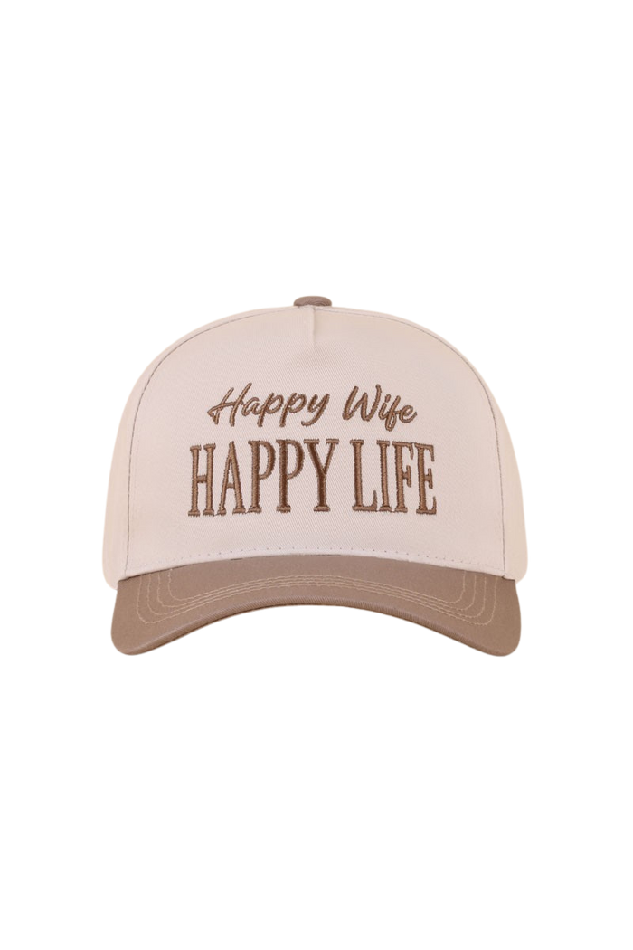 "Happy Wife, Happy Life" Two-Tone Cap-Mocha-Cute-Trendy-Shop-Womens-Boutique-Clothing-Store