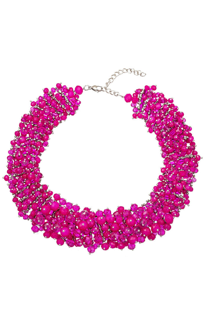Hot pink crystal collar statement necklace with faceted glass beads, clustered beadwork, silver-tone hardware, and an adjustable chain.