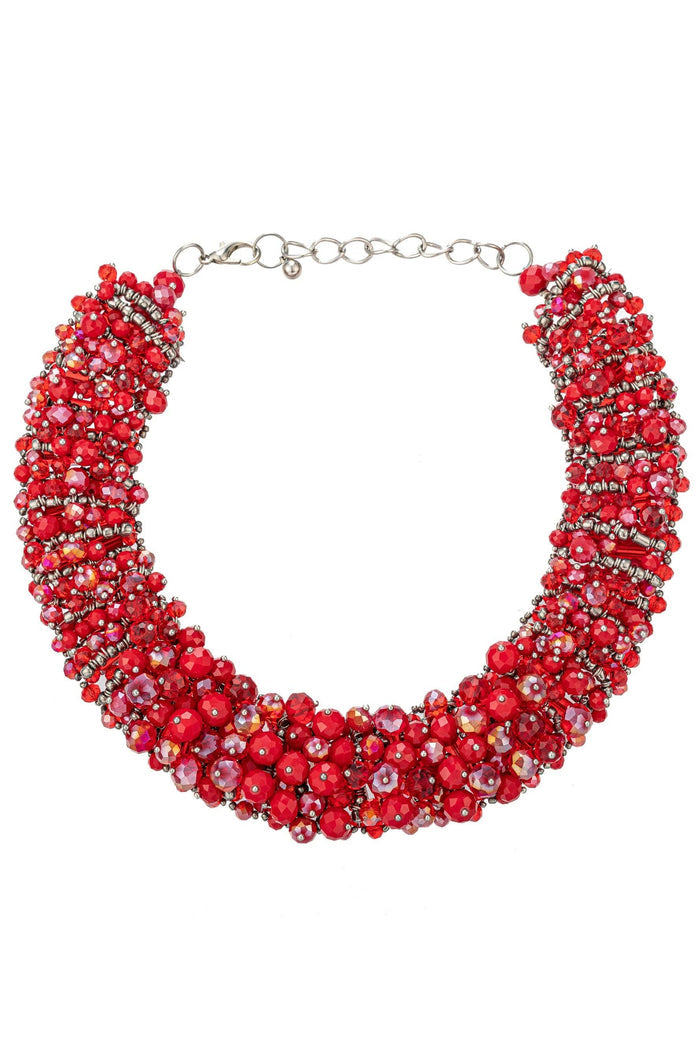 Harper Ruby Red Collar Statement Necklace with vivid red faceted glass crystals and silver tone adjustable chain.