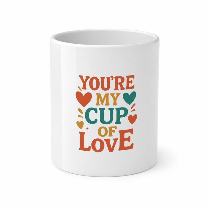 Heart handle mug shown in white ceramic with bright printed design and glossy coating, suitable for coffee, tea or daily use.