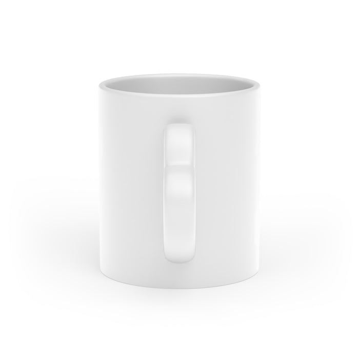 White ceramic mug with heart shaped handle and colorful artwork designed for anniversaries, Valentine's Day and daily drinks.