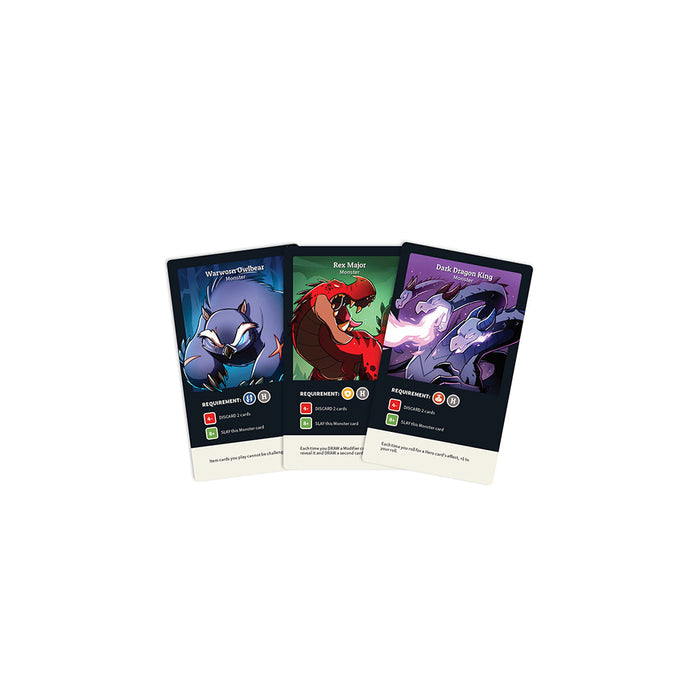 Three colorful "Here to Slay: Base Game" trading cards featuring animated characters: a blue shark, a red devil, and a purple spirit, each depicted with thematic backgrounds by Unstable Games.