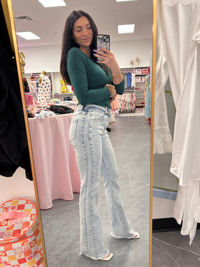 High-Rise Bootcut Denim Jeans- Light Wash - Intimate Whispers
