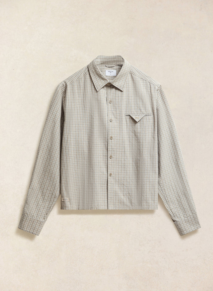 Flat lay of the cream check Hinsley long sleeve shirt from Percival, showcasing the 100% cotton fabric and chest pocket.