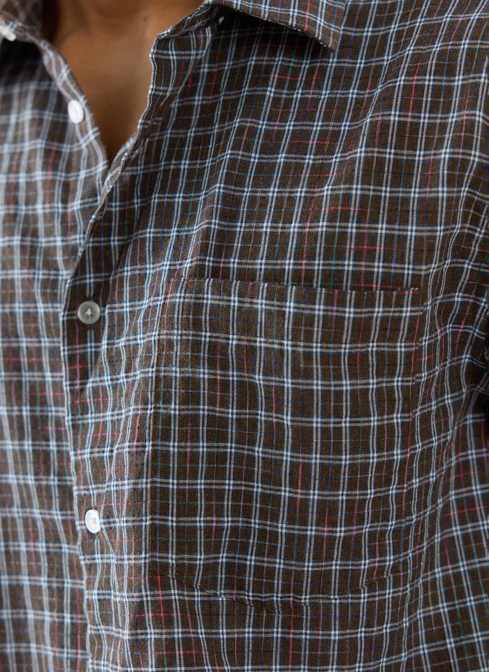 Brown cotton Percival Hinsley boxy shirt featuring a micro-check pattern, white buttons, and a single chest patch pocket.
