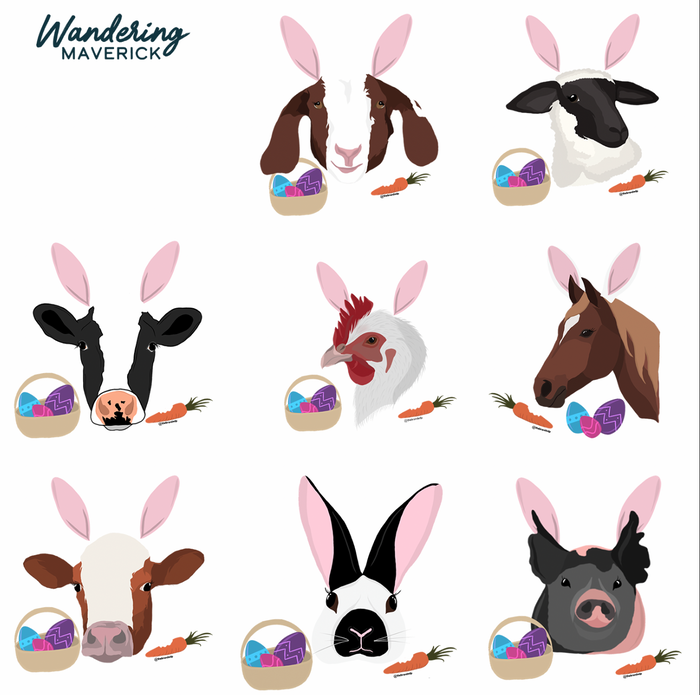 Illustrations of farm animals with bunny ears and Easter baskets on a white background, featuring the brand 'Wandering Maverick'.